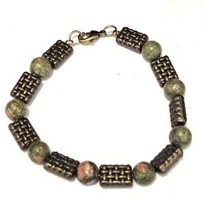 Vintage Unakite Gemstone & Brass Beaded 8" Bracelet